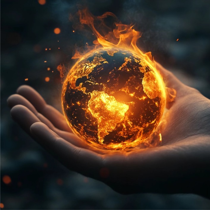 World on fire being held in the palm of a hand